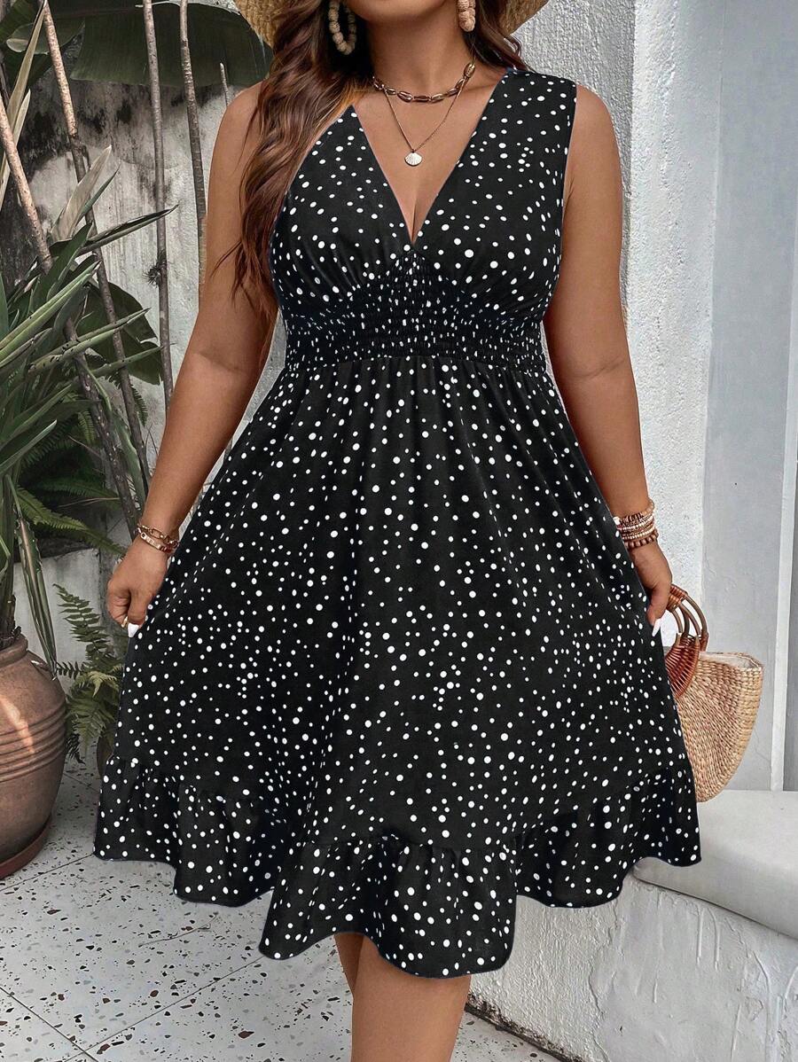 Breezaya Plus Size Polka Dot Print Dress With Ruffle Hem Maxi Women Outfit - Multicolor - View 1