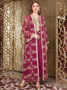 Al Najma 勃艮第红色女士花卉刺绣夹克和连衣裙套装，摩洛哥长袍，优雅奢华晚会风格 - 酒紅色 - 查看 1