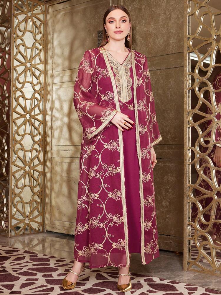 Burgundy Red Lady'S Floral Embroidered Jacket And Dress Set, Moroccan Caftan, Elegant Luxury Evening Party Style Abayas