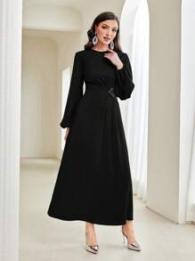 Modelyn Modest Long Lantern Sleeve Rhinestone Decoration Dress Long Evening Dresses