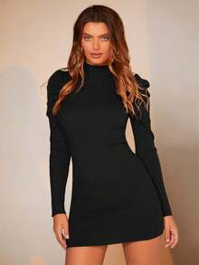 BizChic 女款純色立領腰袖毛衣連身裙 - 黑色 - 查看 8