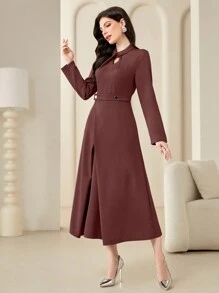 Modelyn Keyhole Neckline Long Sleeve Dress - Red - View 3