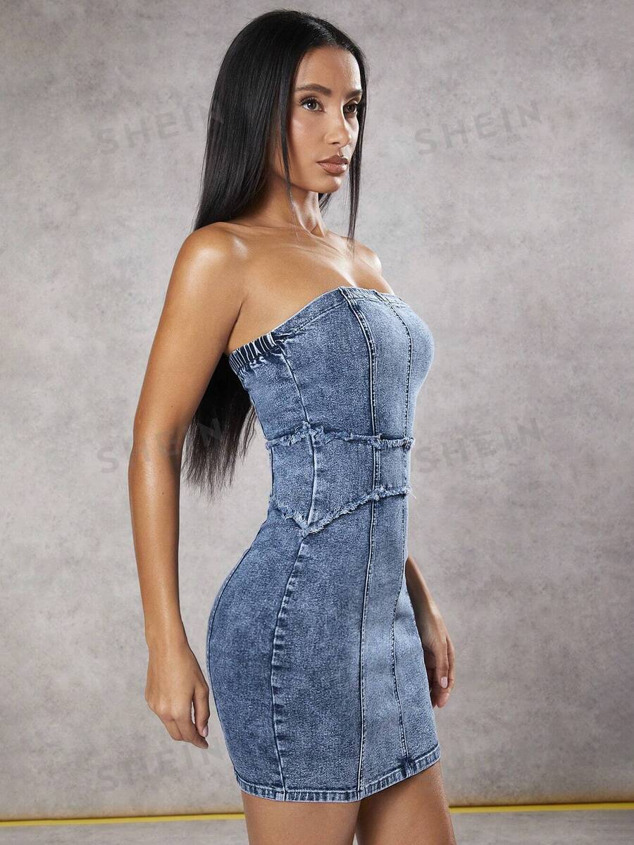 SHEIN BAE Top De Tubo Sexy Y Shorts De Mezclilla Con Borde Crudo Lavado Para Mujeres Y Atuendos De Concierto