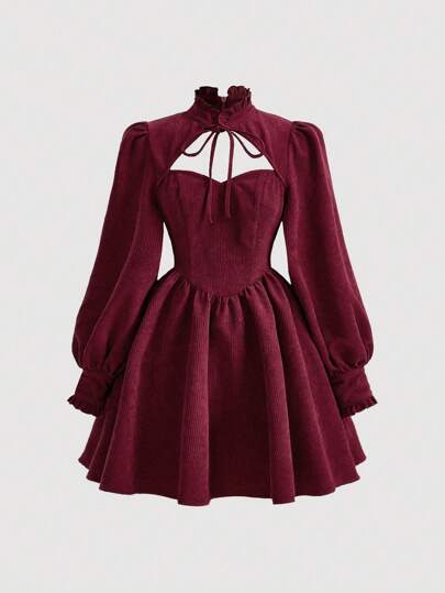 SHEIN MOD فستان من الكوردوروي بأكمام فانوس وياقة مربوطة