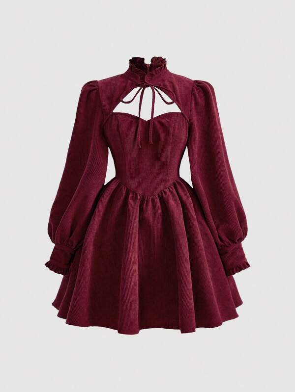 SHEIN MOD Lantern Sleeve Corduroy Dress With Knotted Neckline