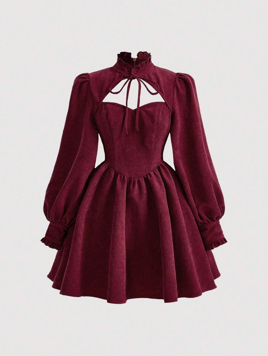 SHEIN MOD 灯笼袖灯芯绒连衣裙，领口打结 - 酒紅色 - 查看 1