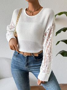 SHEIN Unity Women's Lace Spliced Long Sleeve Sweater With Back Strap Detail Knit Pullover Fall Winter Sweater - White - View 3