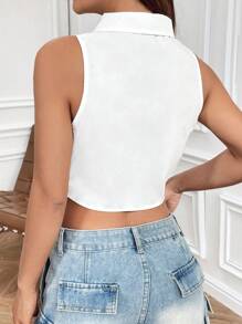 SHEIN EZwear Women's White Woven Sleeveless Blouse With A Matching Tie - White - View 2