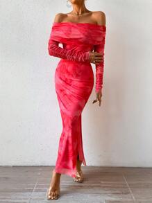 SHEIN Unity Vestido De Mujer Con Hombros Descubiertos Y Abertura Lateral - Rosa Pálido - Ver 4