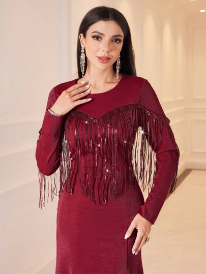 Modelyn 勃艮第红女士拼布亮片流苏美人鱼连衣裙