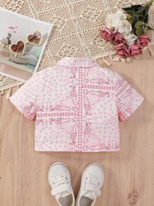 SHEIN Young Girls' Paisley Printed Short Sleeve Shirt - Pink - View 2