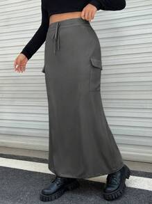 SHEIN EZwear Plus Size High Waist Cargo Utility Skirt - Grey - View 4