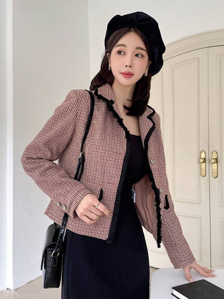 Ladies' Plaid Lapel Collar Contrast Color Edge Coat Women Blazers,Fall Women Clothes Business Attire