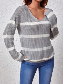 SHEIN Essnce 女士條紋v領毛衣 - 灰色 - 查看 3