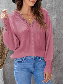 女士v領純色優雅針織花邊修飾休閒長袖套頭毛衣 - 藕粉色 - 查看 1