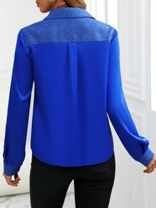 SHEIN Clasi 布料拼布長袖襯衫 - 藍色 - 查看 2
