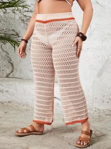 SHEIN Swim Curve Pantalones de punto tipo cubrecosturas de talla grande para mujer con detalles de recortes en contraste y calados, aptos para bodas de verano - Multicolor - Ver 5