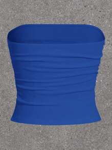 SHEIN EZwear 女性純色打褶彈力無肩帶上衣 - 寶藍色 - 查看 2