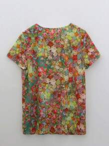 Camiseta de manga corta holgada con cuello redondo y estampado floral para mujer, ideal para vacaciones de verano - Amarillo - Ver 2