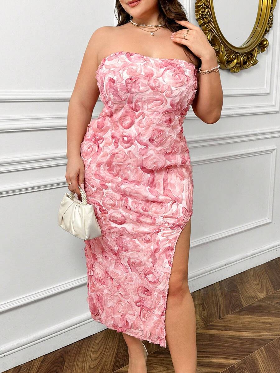 SHEIN Privé 大碼女士優雅3D花印無肩帶側邊開叉連衣裙 - 紫色 - 查看 1
