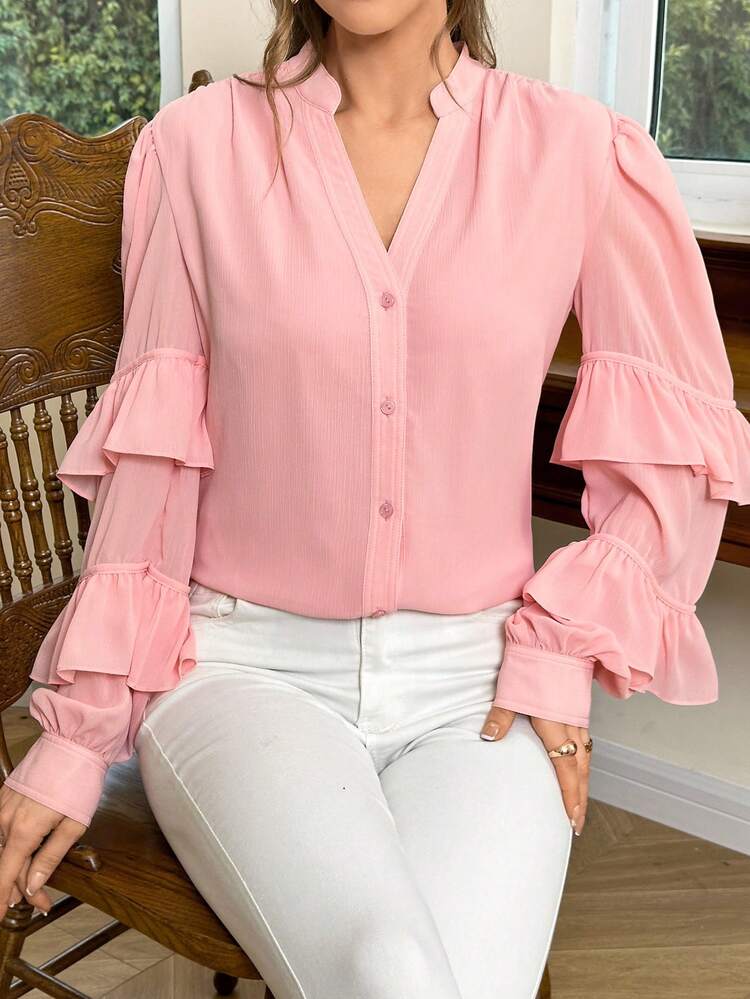 Women's Fashionable Solid Color Lace Sleeve & Ruffle Hem Shirt