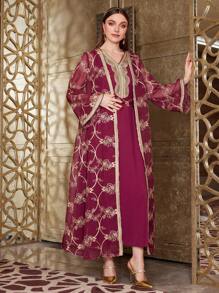 Al Najma 勃艮第红色女士花卉刺绣夹克和连衣裙套装，摩洛哥长袍，优雅奢华晚会风格 - 酒紅色 - 查看 4