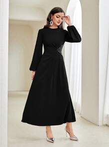 Modelyn Modest Long Lantern Sleeve Rhinestone Decoration Dress Long Evening Dresses