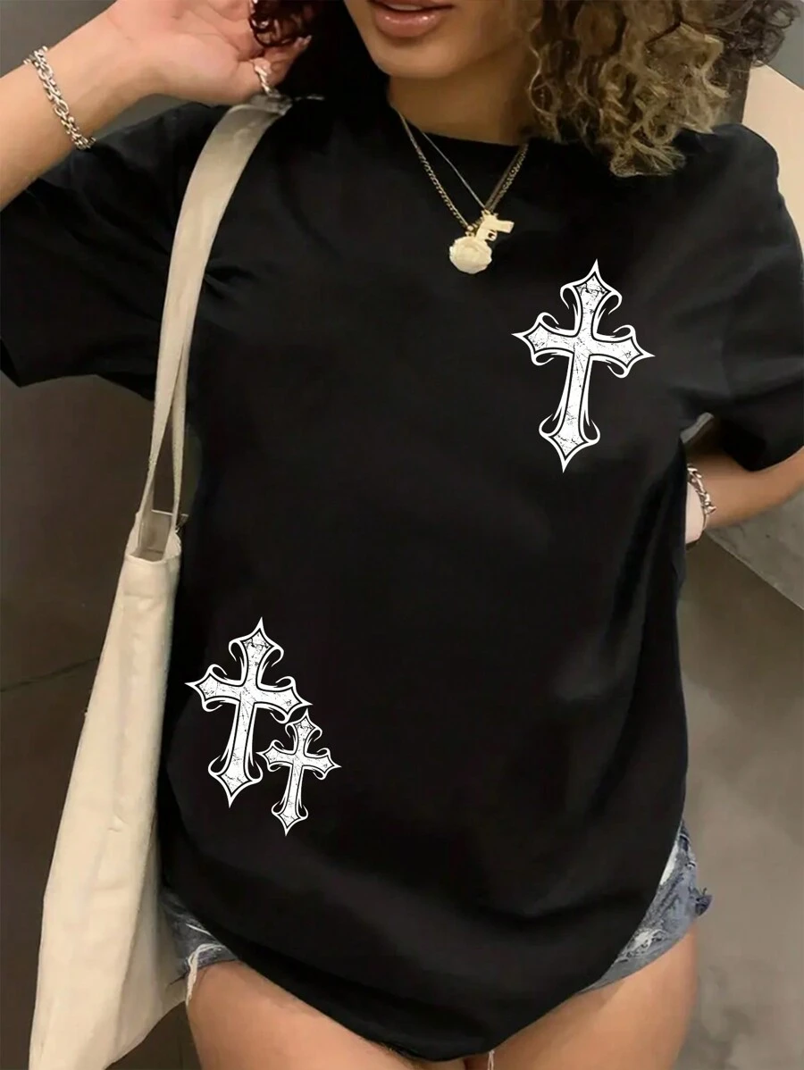 SHEIN EZwear 印花短袖t恤 - 黑色 - 查看 1