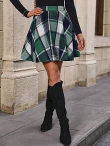 SHEIN LUNE Random Plaid High Waist Skirt - Green - View 4