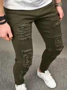 Manfinity LEGND Men's Slim Fit Distressed Jeans - Army Green - View 6