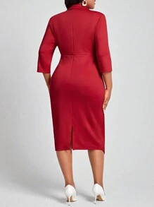 SHEIN Lady Plus Size Women's Lapel Slim Fit Bodycon Dress - Red - View 2