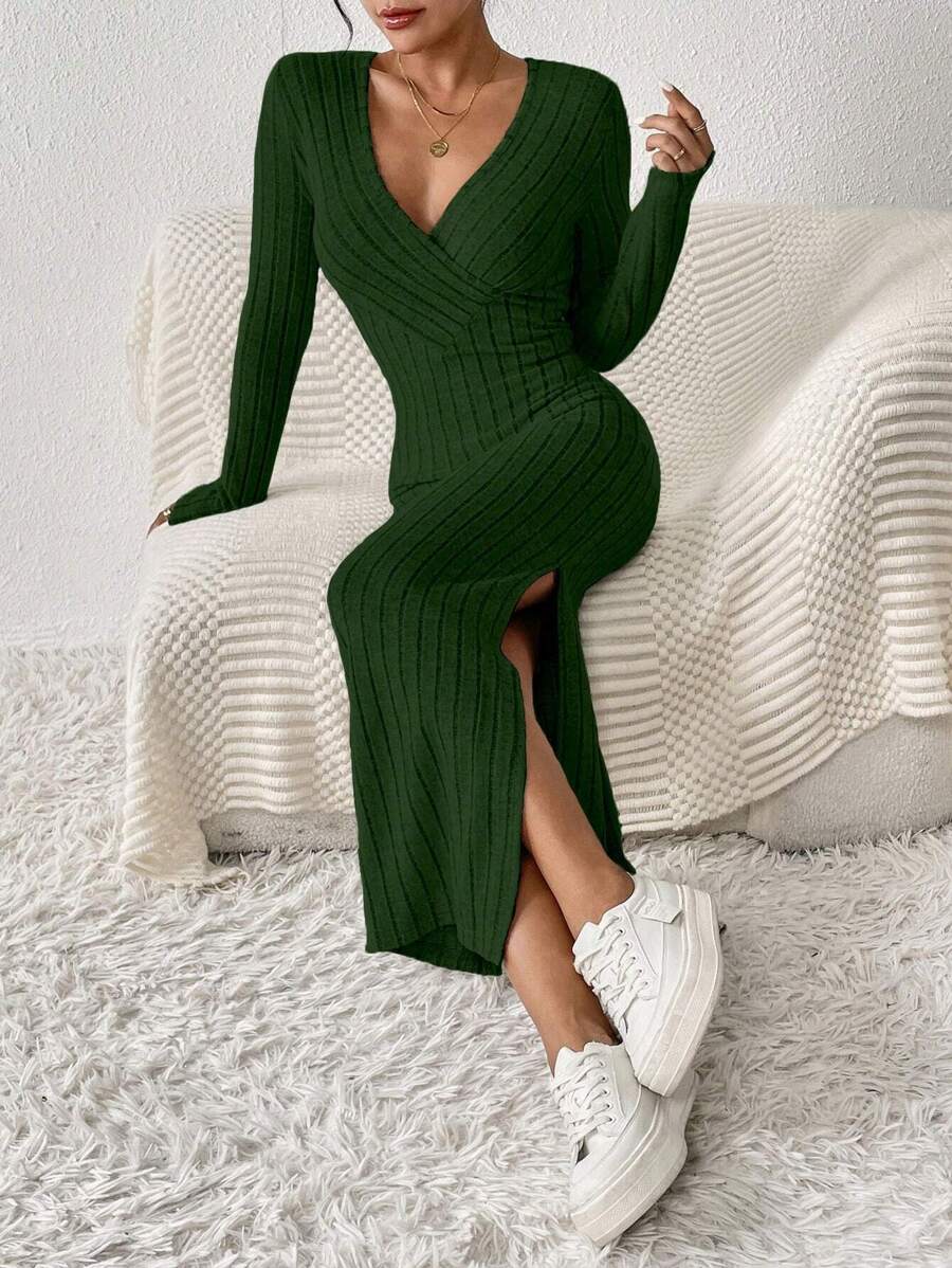 SHEIN Frenchy 女性包圍領條紋連身裙 - 墨綠色 - 查看 1