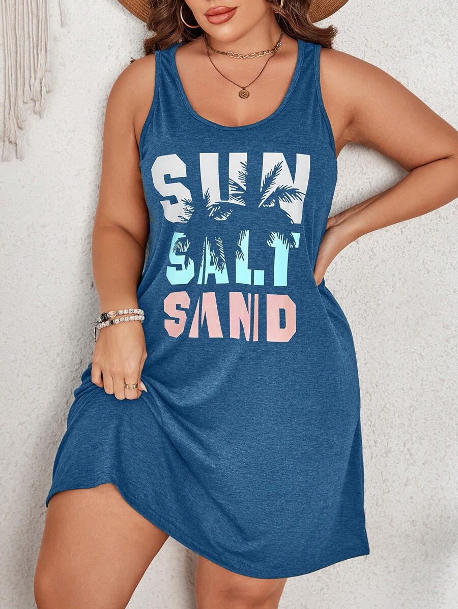 SHEIN VCAY Hơn Hình ảnh cây dừa và chữ cái Mùa hè Váy ba lỗ - Màu xanh lam - Xem 1