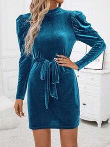 SHEIN Clasi 女士蓬蓬袖立領絲絨連衣裙 - 藍色 - 查看 7