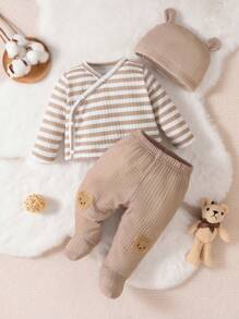 嬰兒男童條紋長袖上衣和長褲睡衣套裝附帽子 - 彩色 - 查看 1