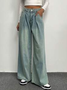 Women'S High Waist Wide Leg Jeans - Light Wash - View 3