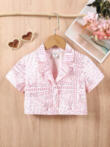 SHEIN Young Girls' Paisley Printed Short Sleeve Shirt - Pink - View 7