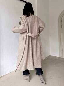 Dazy Designer 女士纯色翻领长袖双排扣长款休闲大衣，秋冬女装外套，秋季女装 - 杏色 - 查看 2
