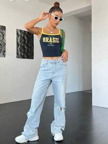 SHEIN EZwear Regata Cropped com Recorte Colorido e Estampa de Letra "PINDORAMA BRASIL AMÉRICA DO SUL" - Azul Marinho - Visão 6