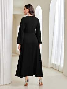 Modelyn Modest Long Lantern Sleeve Rhinestone Decoration Dress Long Evening Dresses
