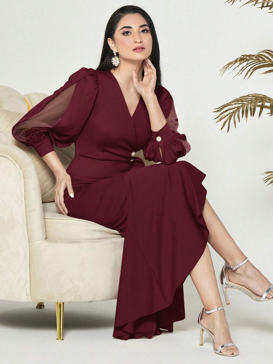 Modelyn Burgundy Red Women's Wrap Collar Lantern Sleeve Asymmetric Hem Dress - Burgundy - View 1