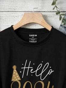 INAWLY Women's Plus Size Letter Print Short Sleeve T-Shirt - Black - View 3