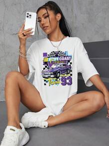 SHEIN EZwear In xe hơi và chữ cái Thả vai Áo thun - trắng - Xem 4