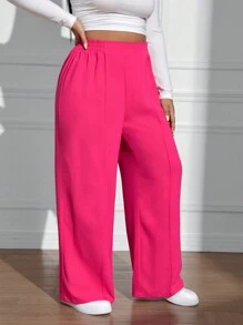 SHEIN EZwear 女士加大碼純色彈性腰寬腿褲子 - 玫紅色 - 查看 6