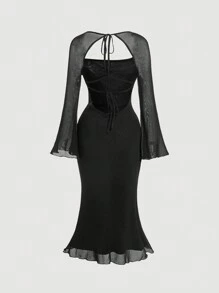 SHEIN MOD Mesh Contrast Hollow Out Long Sleeve Dress - Black - View 2