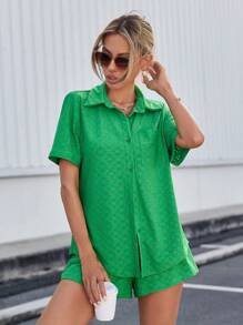 SHEIN Essnce Women's Pocket Front Cutout Embroidered Top And Shorts Setwomen Two Piece Sets - Green - View 1