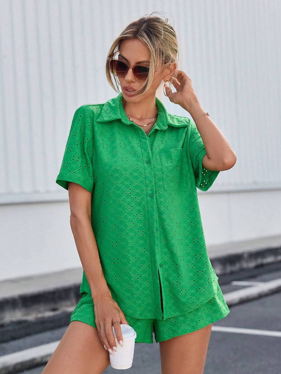 SHEIN Essnce Women's Pocket Front Cutout Embroidered Top And Shorts Setwomen Two Piece Sets - Green - View 1