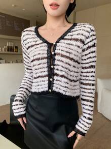 DAZY Women's Striped Fluffy Cardigan