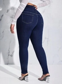 SHEIN Lady Women's Plus Size Slim Fit Jeans With Button And Whisker Design