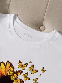 SHEIN EZwear Kvinnors Solros & Fjäril Tryckt T-shirts - Vitt - Visa 5